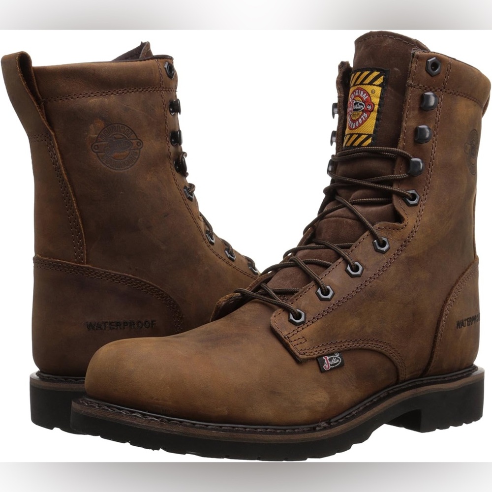 Justin Original Wyoming waterproof work boots, steel toe, brown size 10 1/2 EE,